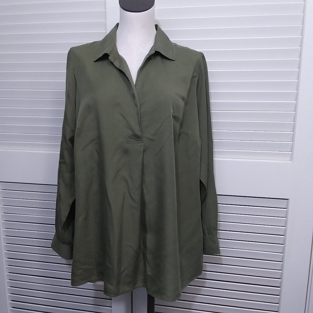 Talbots Tunic Top Green Button Back Roll Tab Sleeves Size X‎ Long